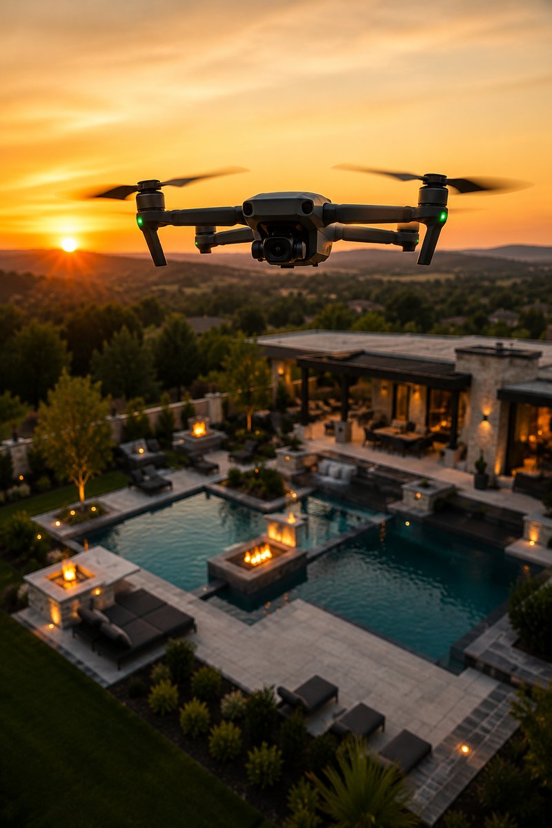 Drone capturing a premium backyard and pool at sunset