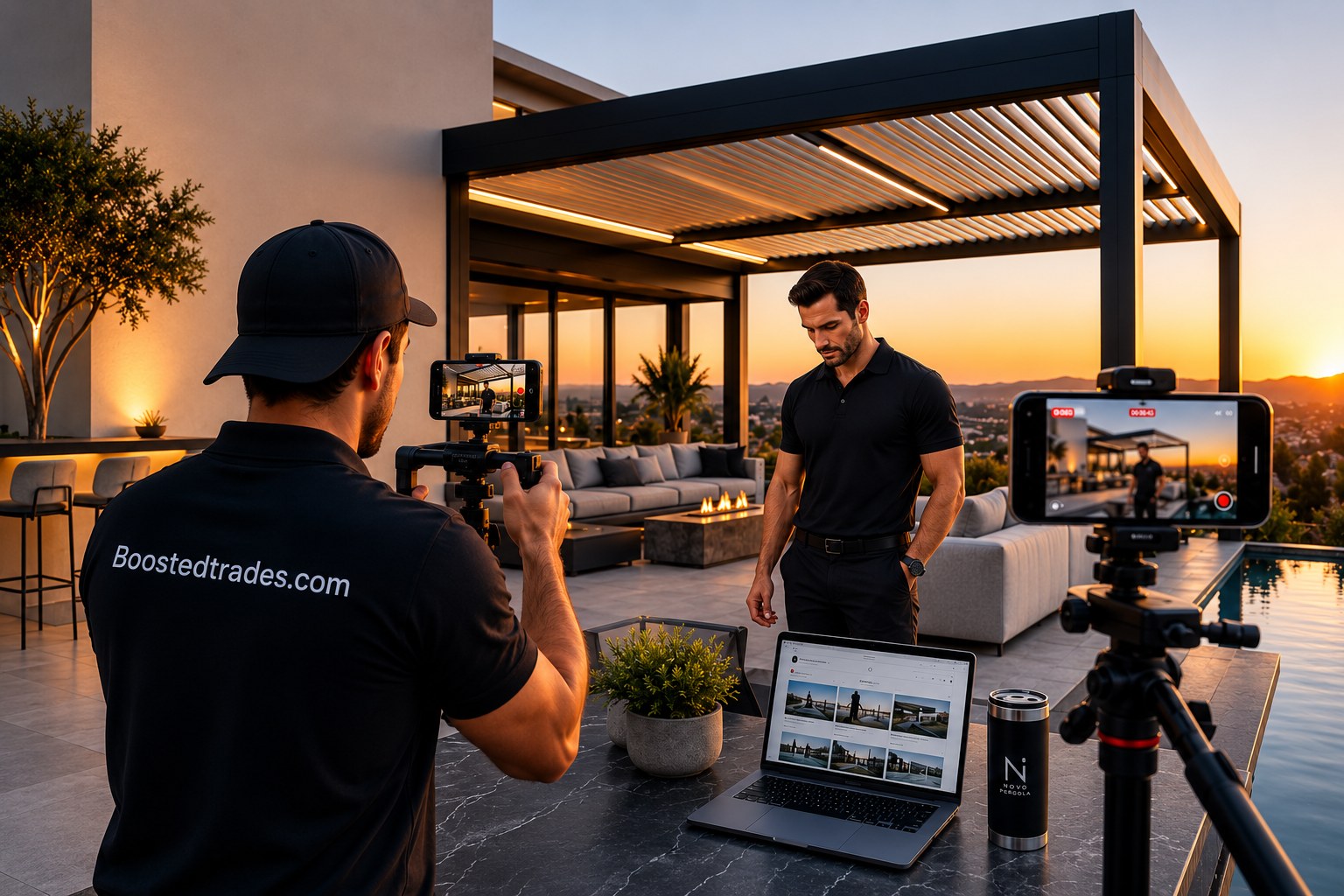 BoostedTrades content production for a premium outdoor builder at sunset